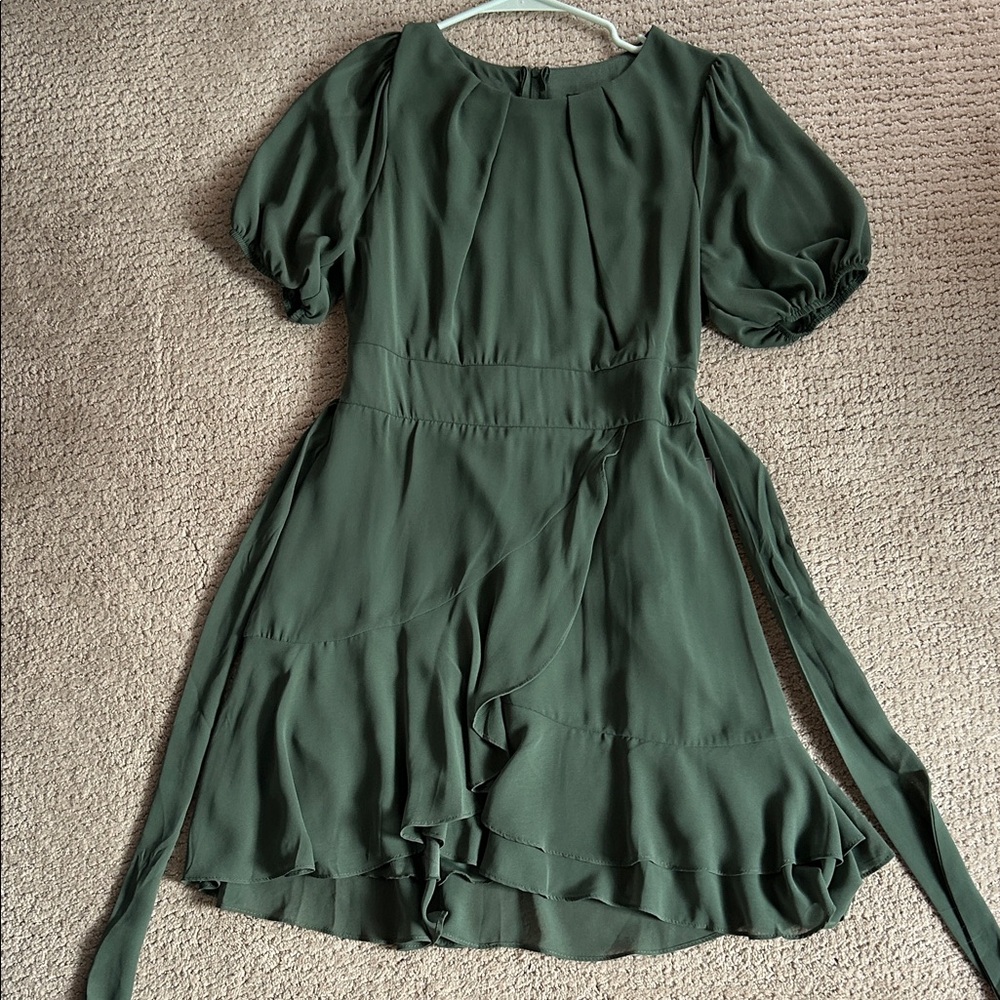 Green Puff-Sleeve Wrap Dress